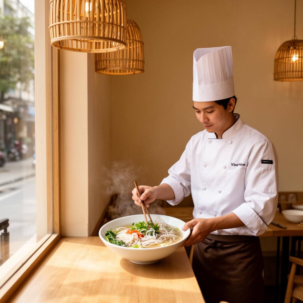 Chef preparing fresh Vietnamese herbs